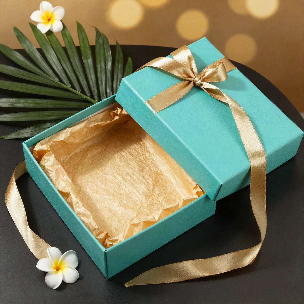 Open turquoise gift box with gold ribbon on a crystal tray