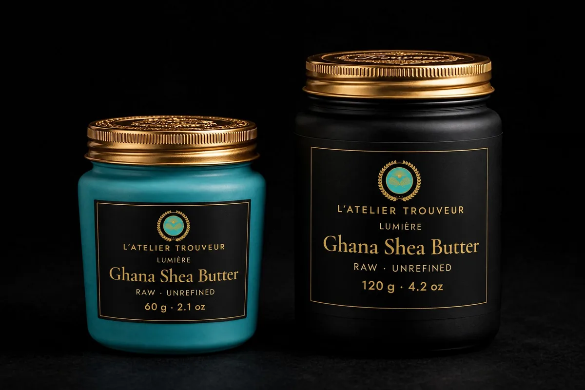 Ghana shea butter in turquoise and black jars