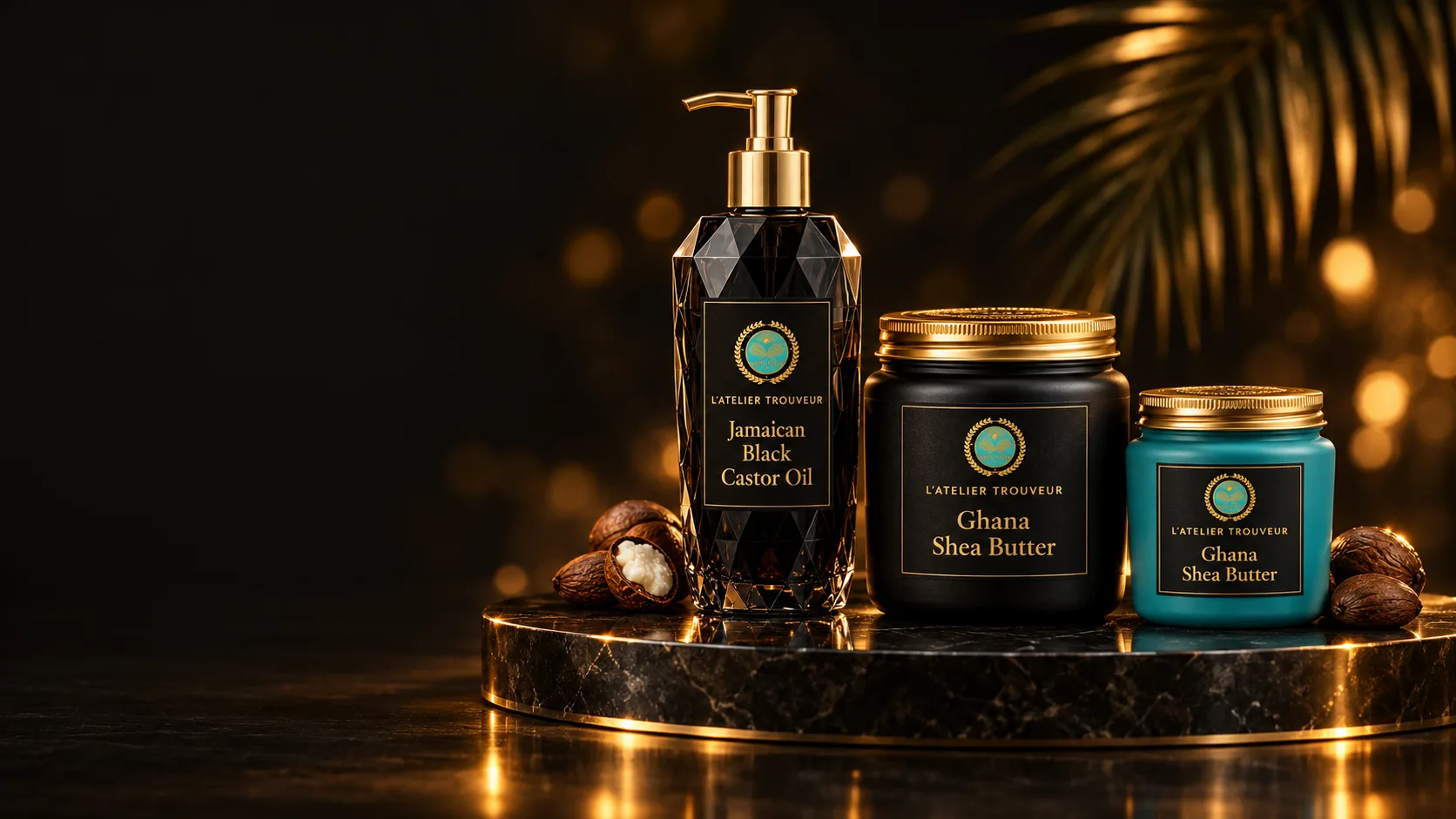 Jamaican black castor oil in a black faceted bottle beside black and turquoise jars of Ghana shea butter, all with gold medallion labels