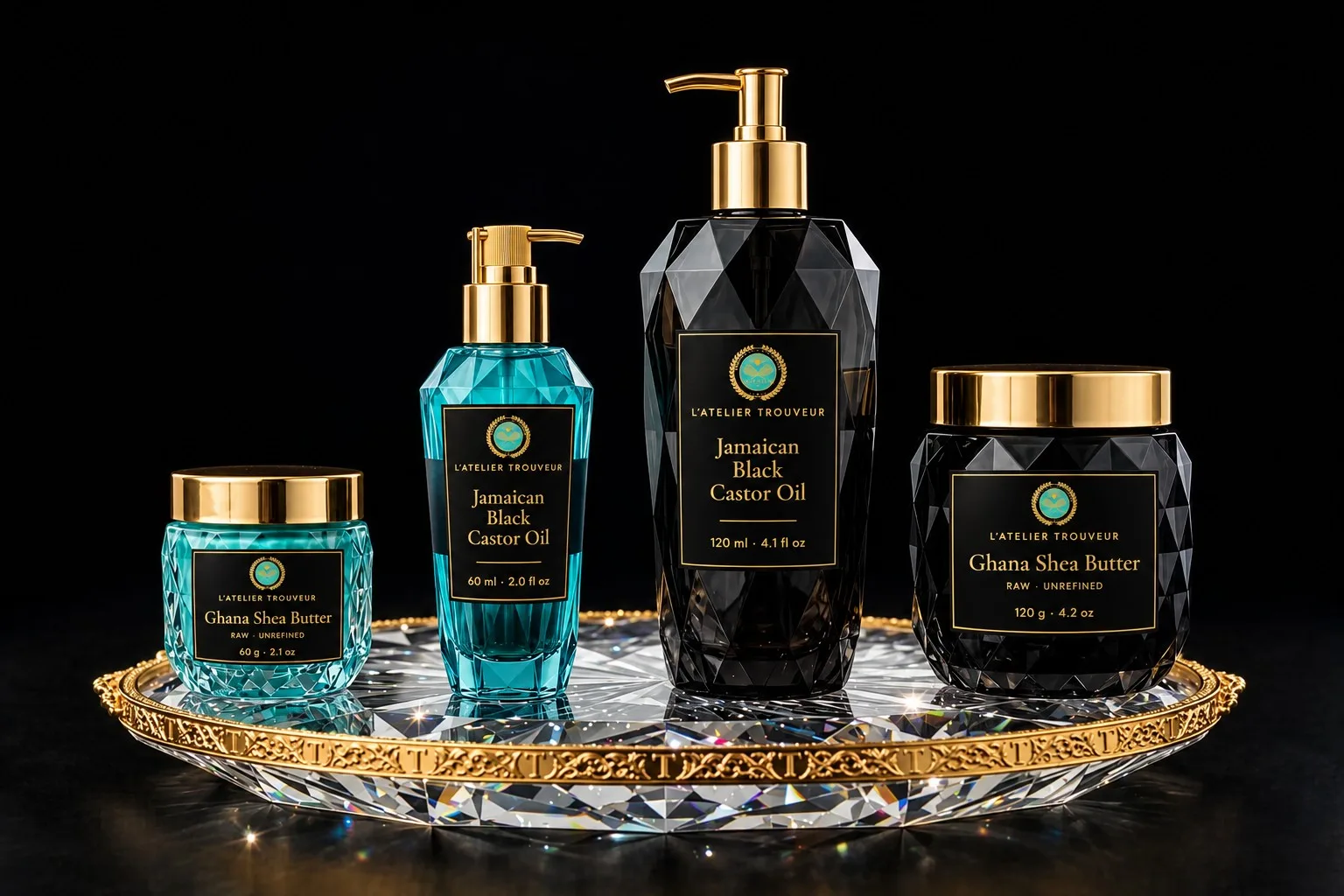 The full collection of shea butter jars and castor oil bottles with gold medallion labels on a crystal tray
