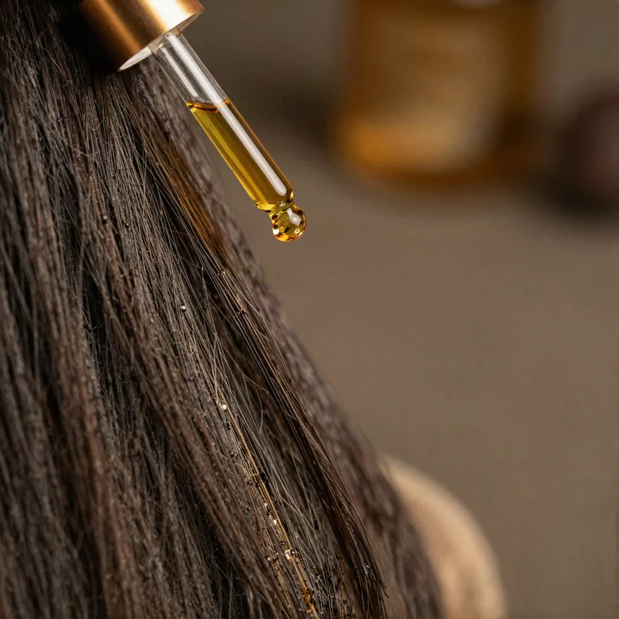 A drop of castor oil from a gold dropper over dark hair