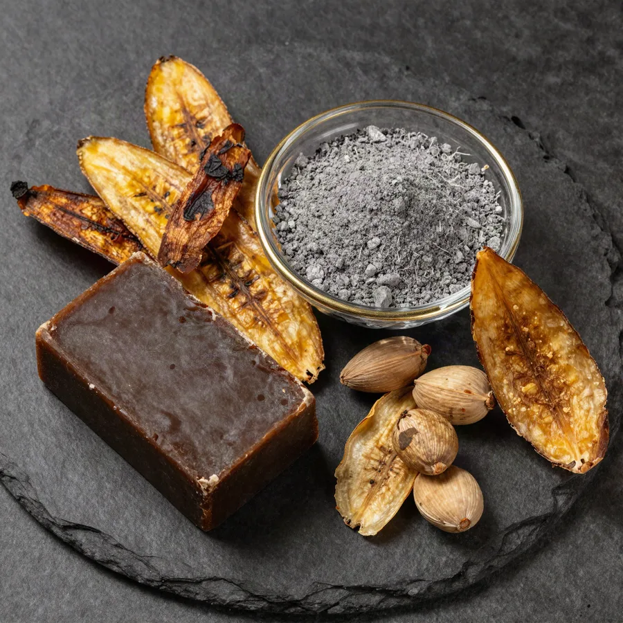 Raw African black soap with plantain skins and ash