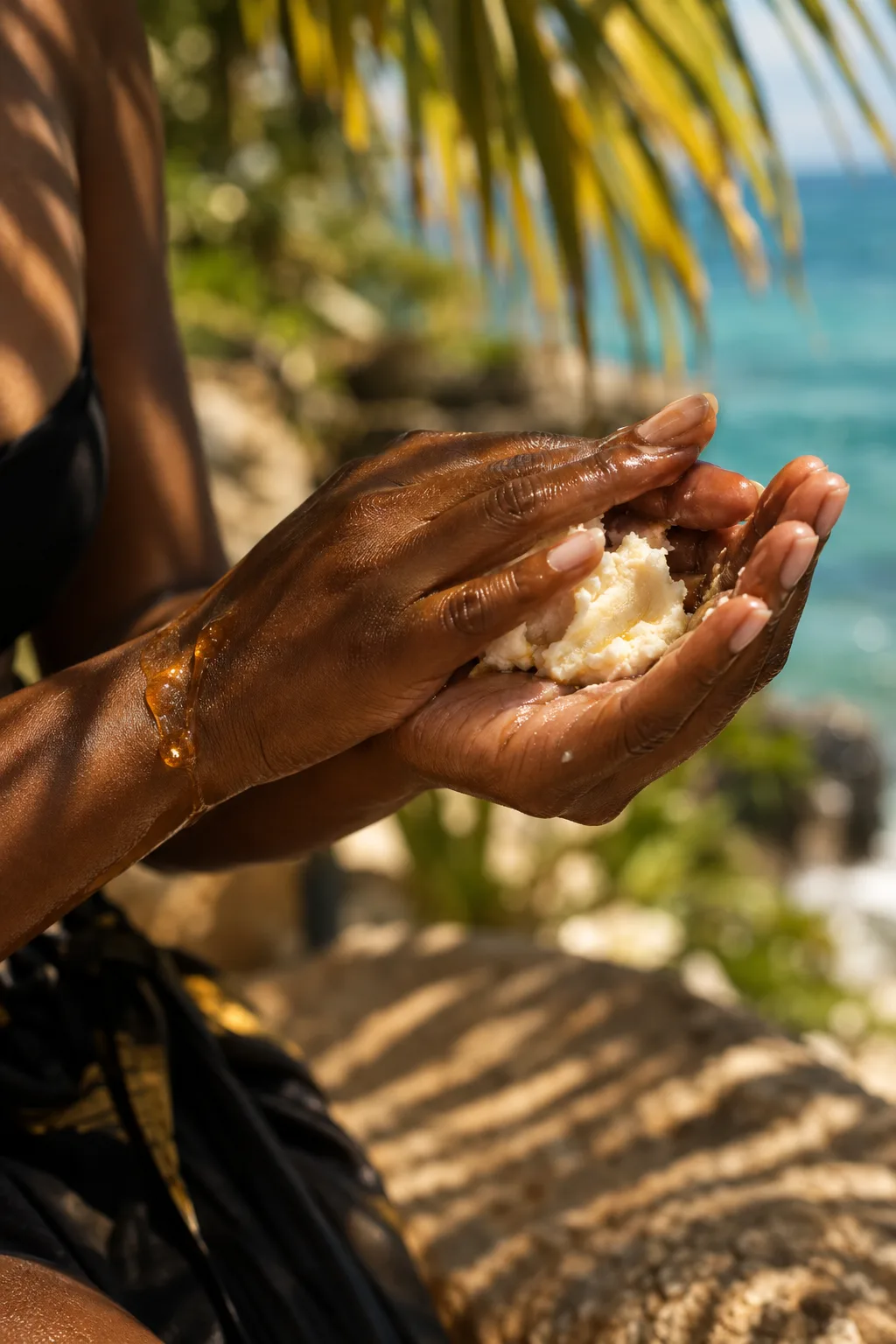 Hands warming shea butter in late afternoon sunlight by the sea